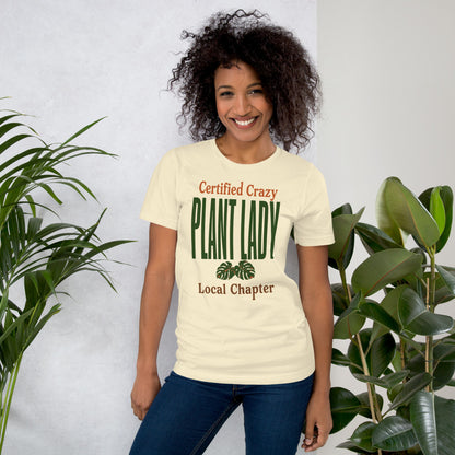 Certified Crazy Plant Lady retro botanical tee — Natural, on model