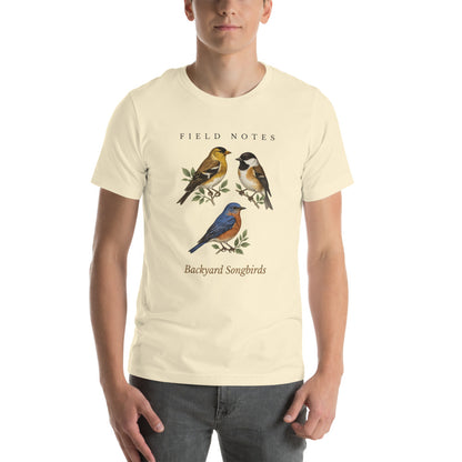 Backyard Songbirds vintage field-guide tee — Natural, on model