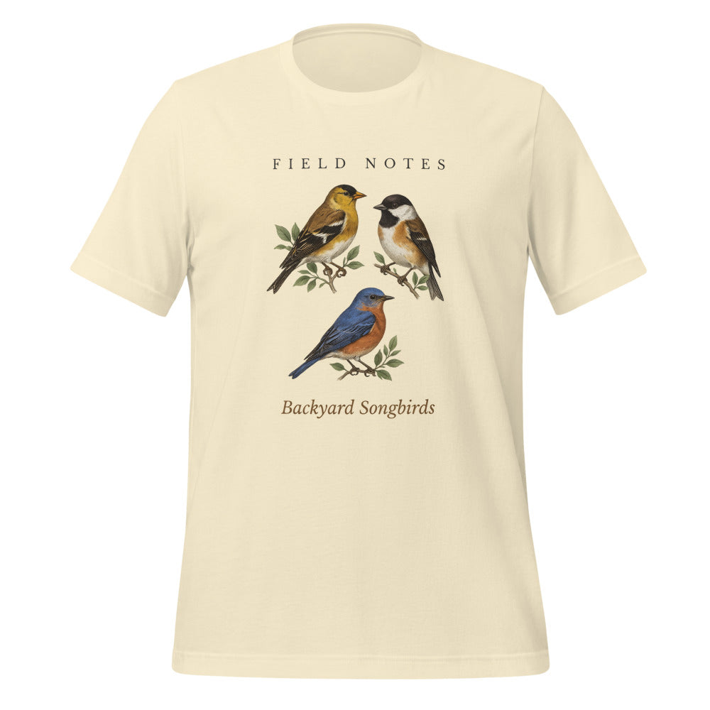 Backyard Songbirds vintage field-guide tee — Natural, front
