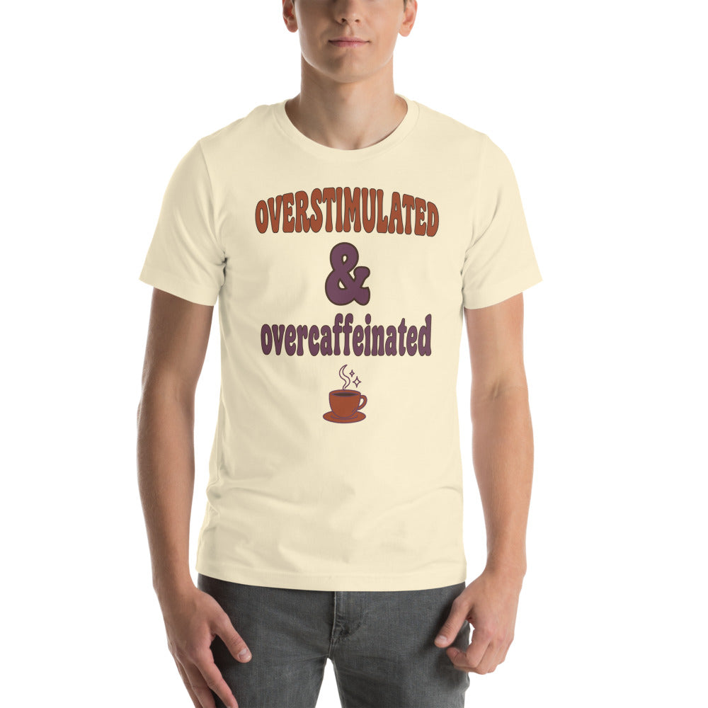 Overstimulated & Overcaffeinated soft retro coffee mental health tee — Natural, on model
