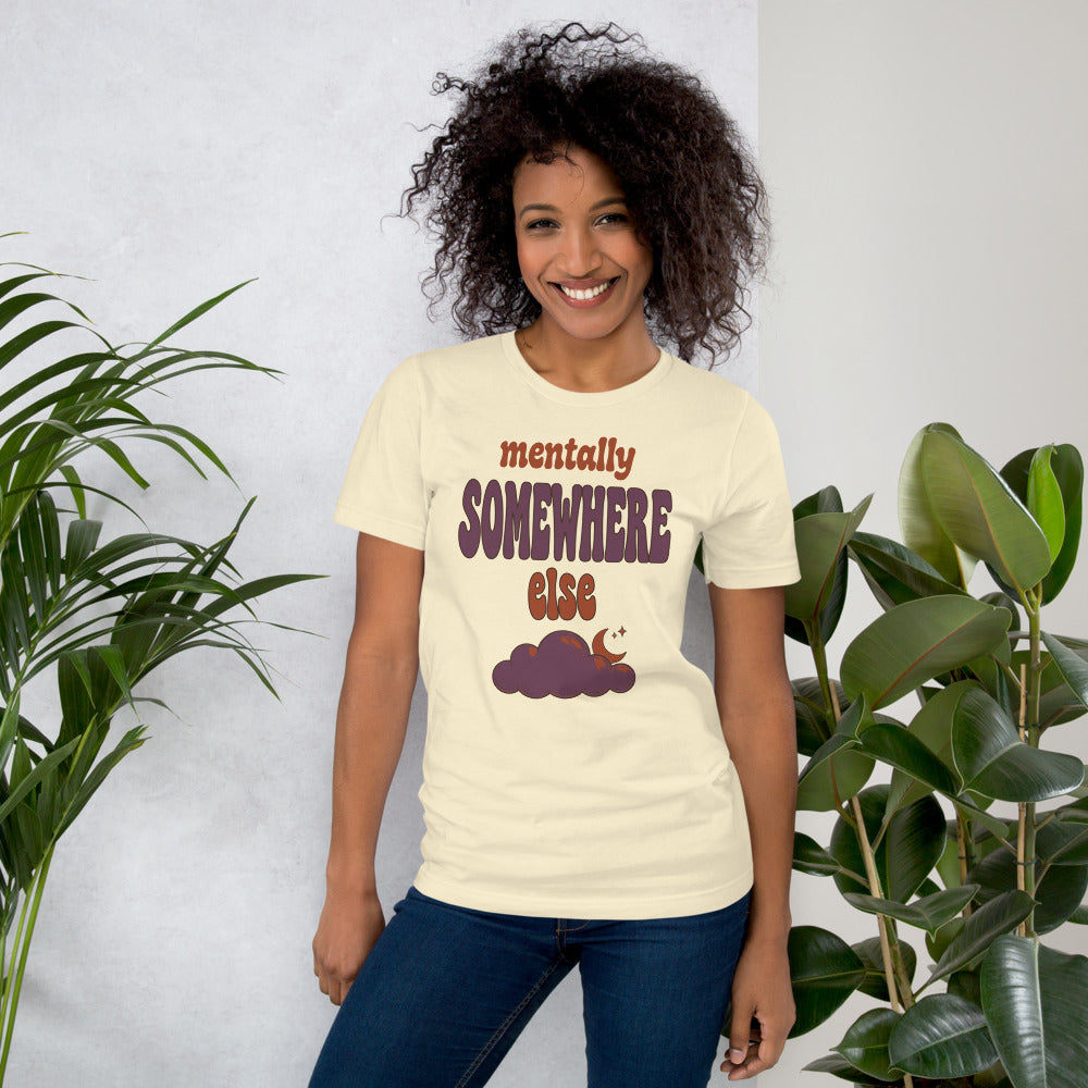 Mentally Somewhere Else soft retro daydream mental health tee — Natural, on model
