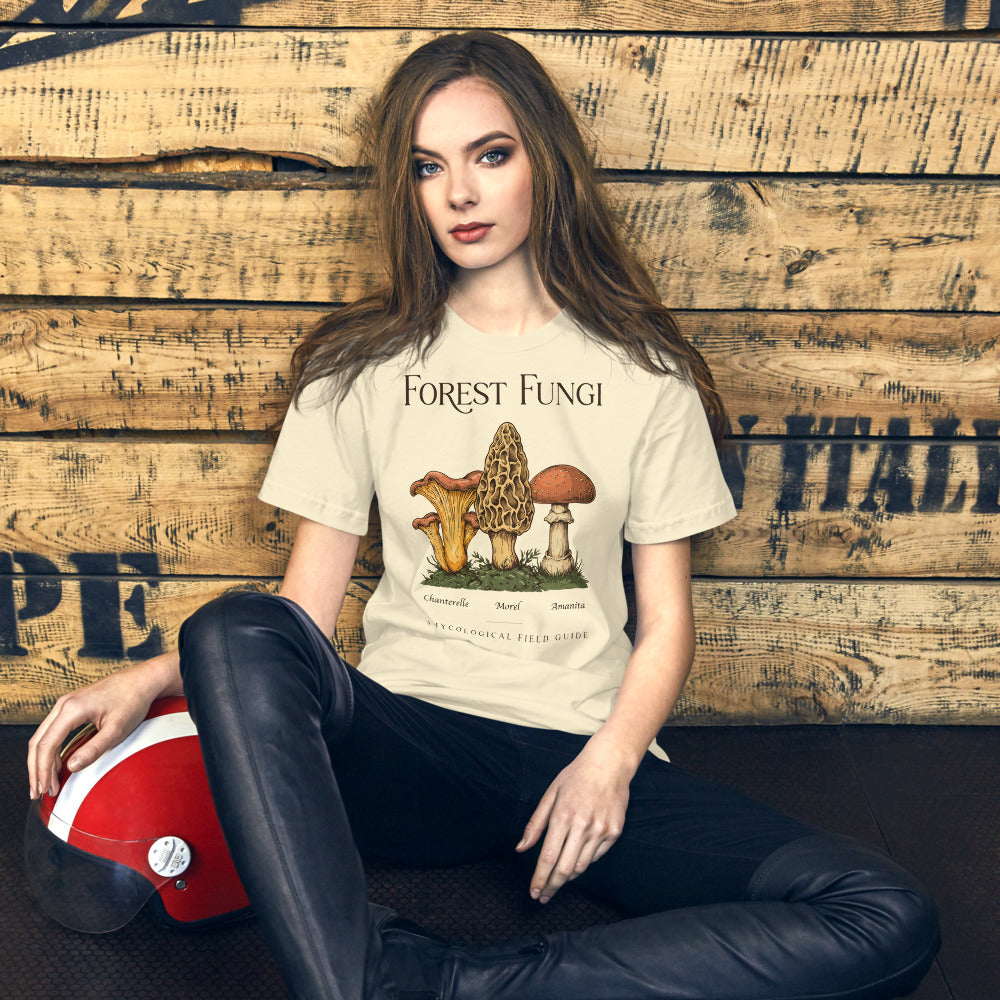 Forest Fungi vintage mushroom field guide tee — Natural, on model