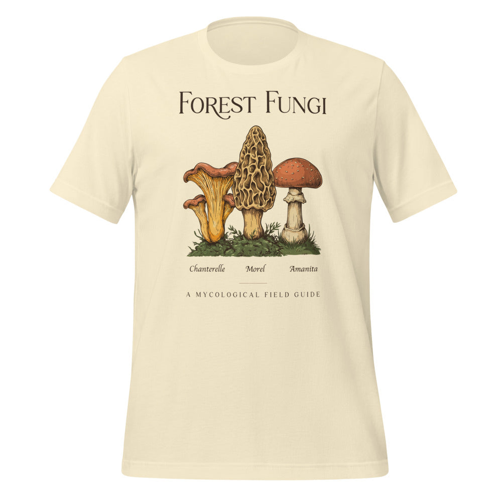 Forest Fungi vintage mushroom field guide tee — Natural, front