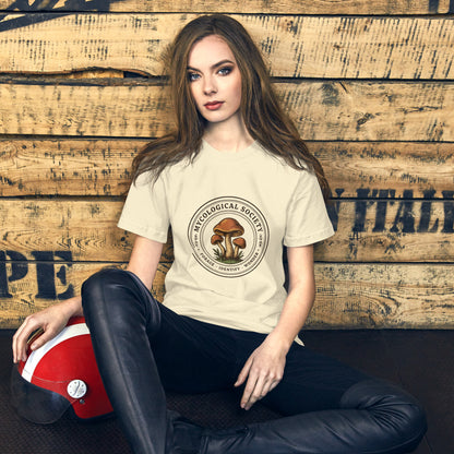 Mushroom Foraging Mycological Society vintage botanical tee — Natural, on model