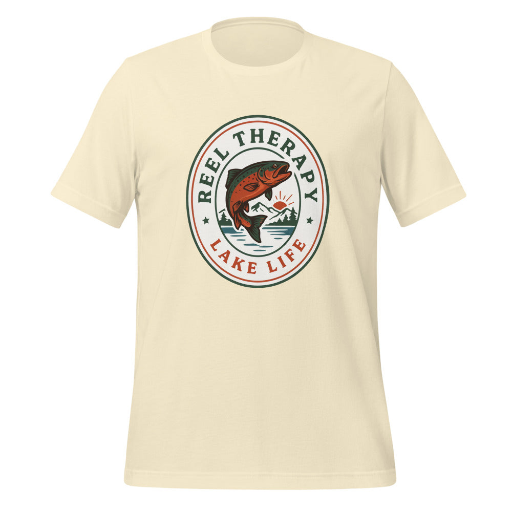 Reel Therapy retro national-park trout badge fishing tee — Natural, front
