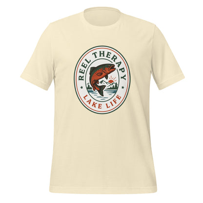 Reel Therapy retro national-park trout badge fishing tee — Natural, front