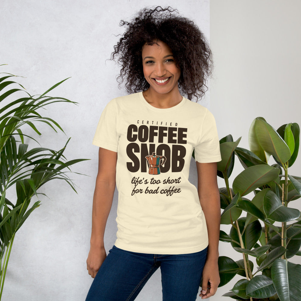 Certified Coffee Snob coffee tee — Natural, on model