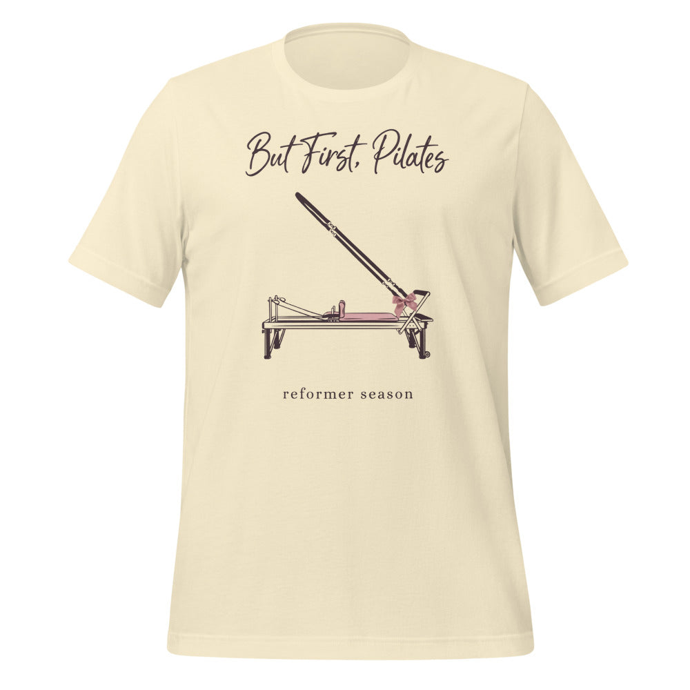 But First Pilates reformer line-art tee — Natural, front