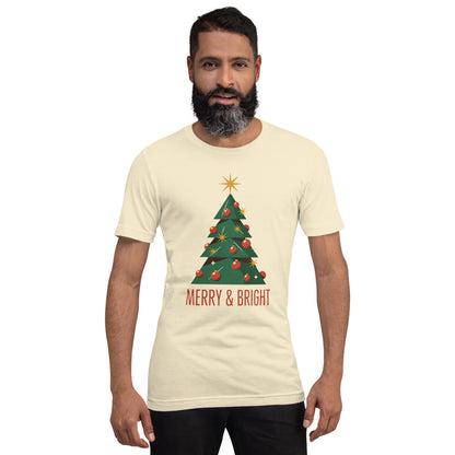 Atomic mid-century retro Christmas tree tee — Natural, on model