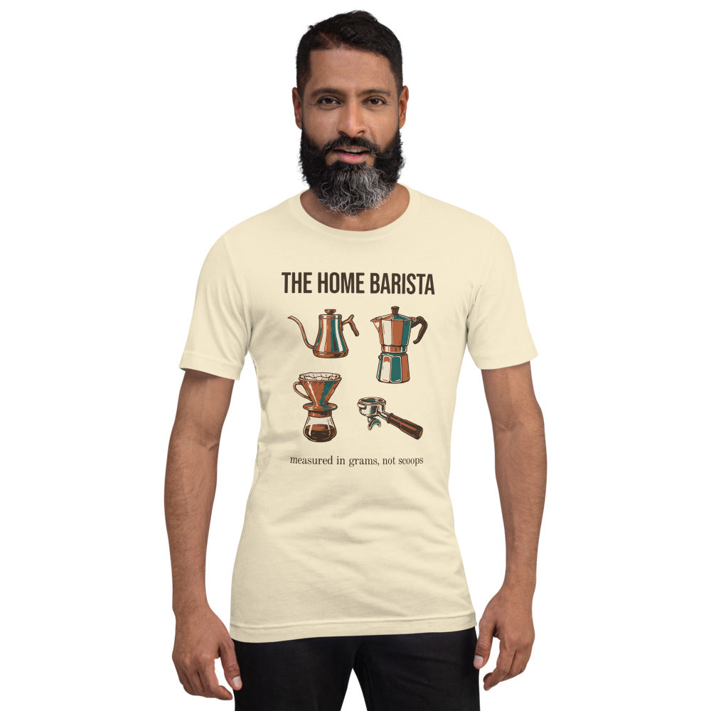 The Home Barista specialty coffee tee — Natural, on model
