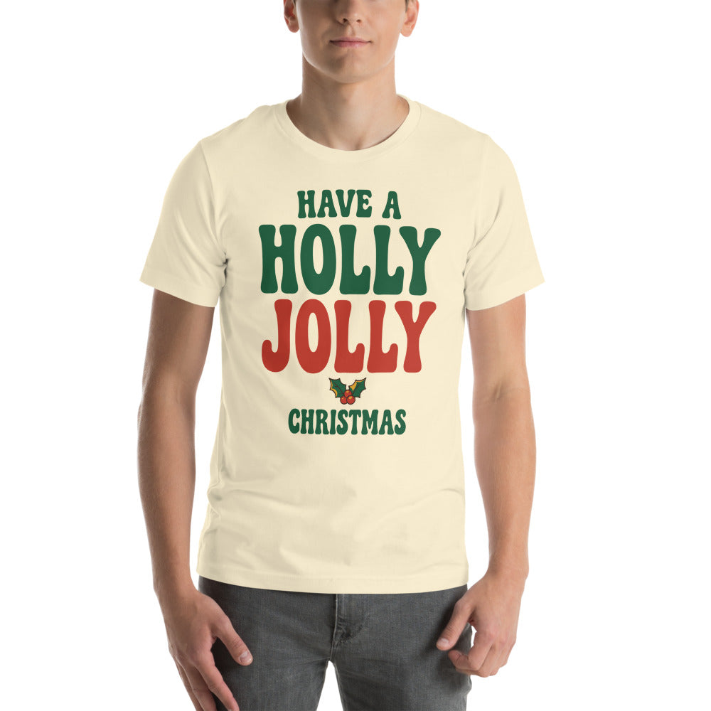 Groovy Holly Jolly retro Christmas tee — Natural, on model