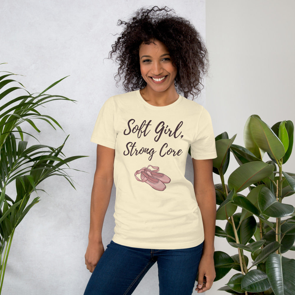 Soft Girl Strong Core ballet coquette pilates tee — Natural, on model