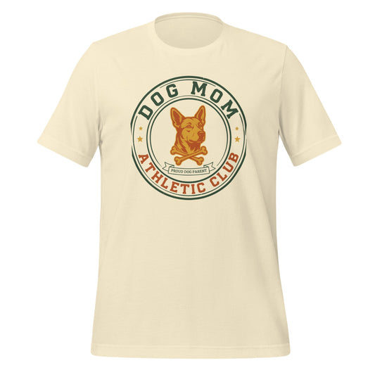 Dog Mom Athletic Club vintage varsity crest tee — Natural, front