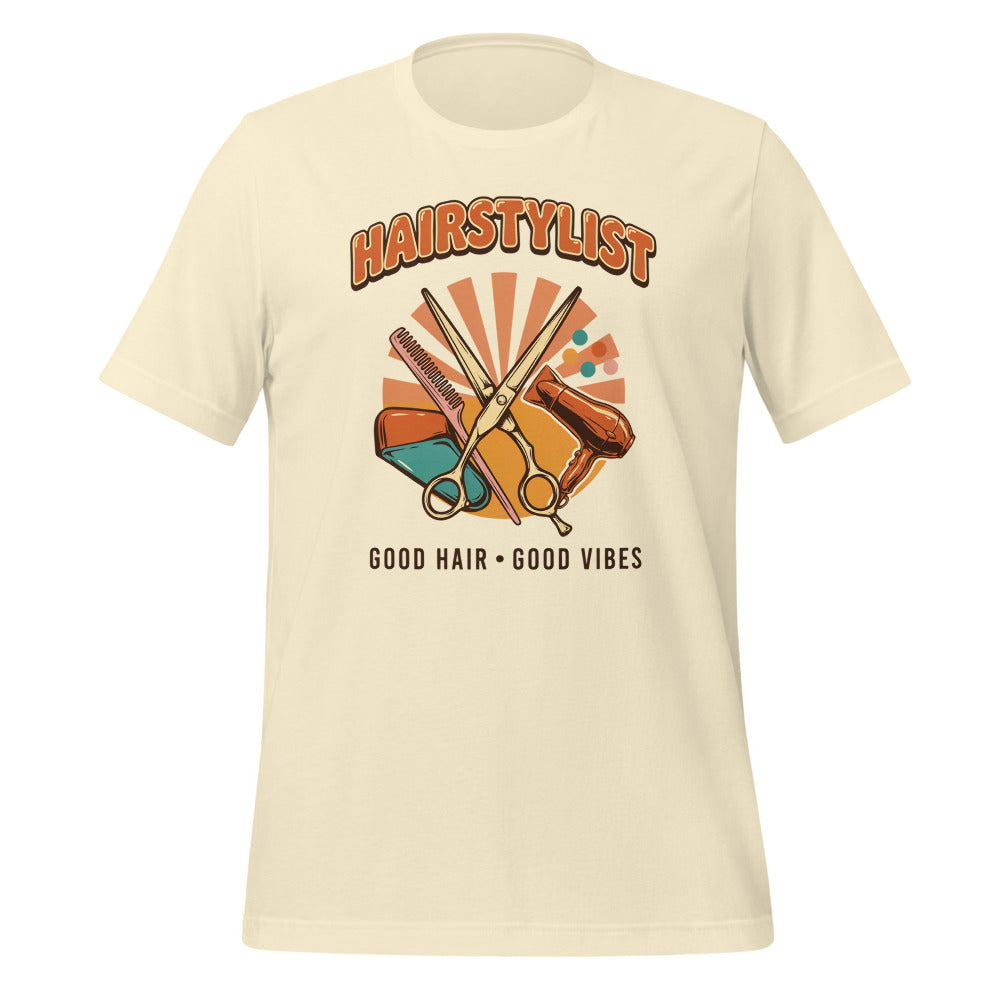 Retro Salon Hairstylist good hair good vibes tee — Natural, front