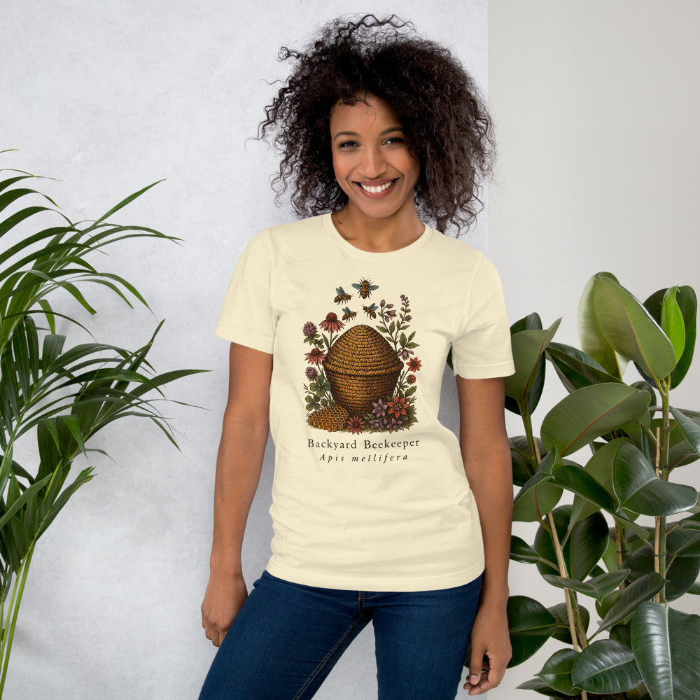 Backyard Beekeeper field-guide bee tee — Natural, on model