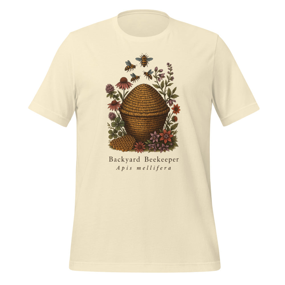 Backyard Beekeeper field-guide bee tee — Natural, front