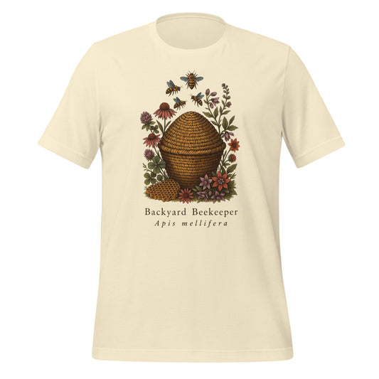 Backyard Beekeeper field-guide bee tee — Natural, front