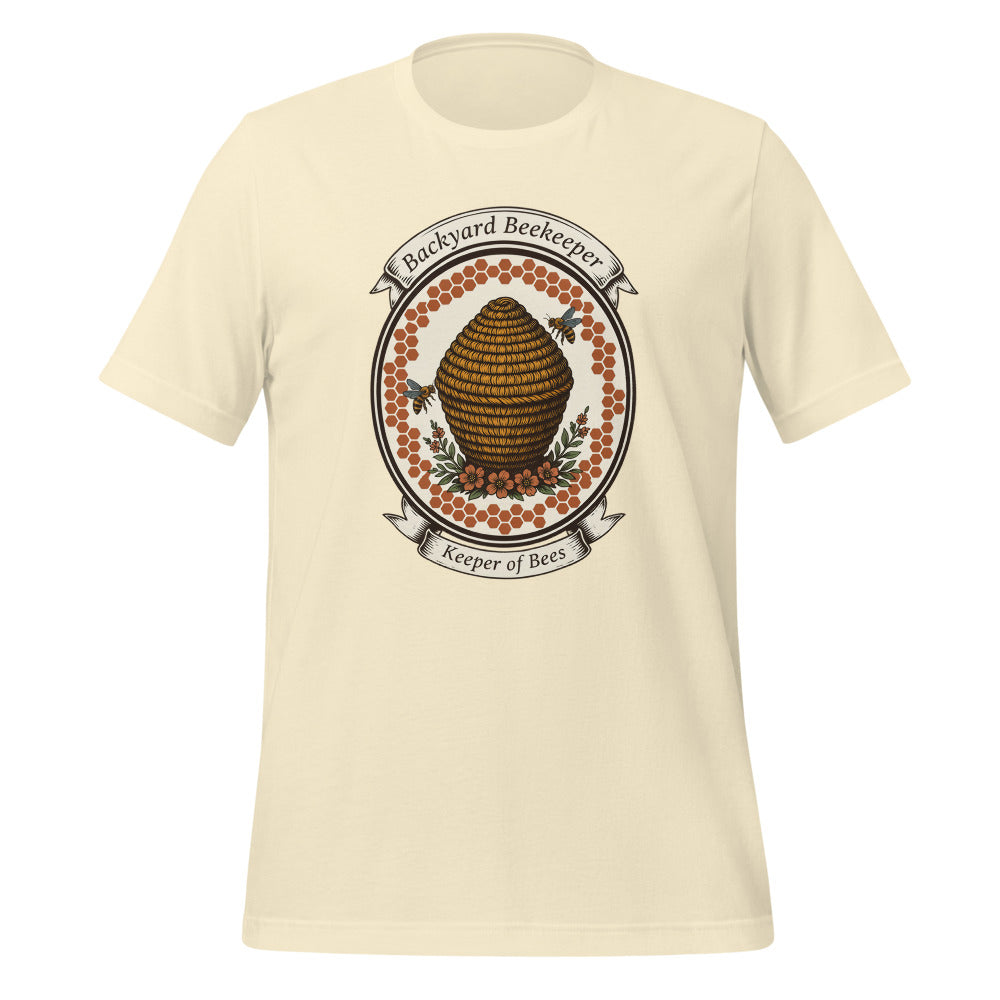 Backyard Beekeeper Keeper of Bees vintage apiary crest tee — Natural, front