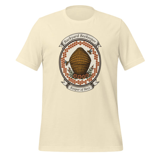 Backyard Beekeeper Keeper of Bees vintage apiary crest tee — Natural, front