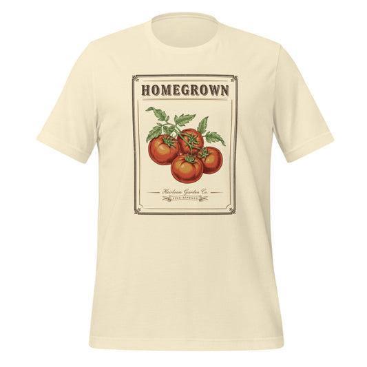 Homegrown Heirloom Seed Packet gardening tee — Natural, front