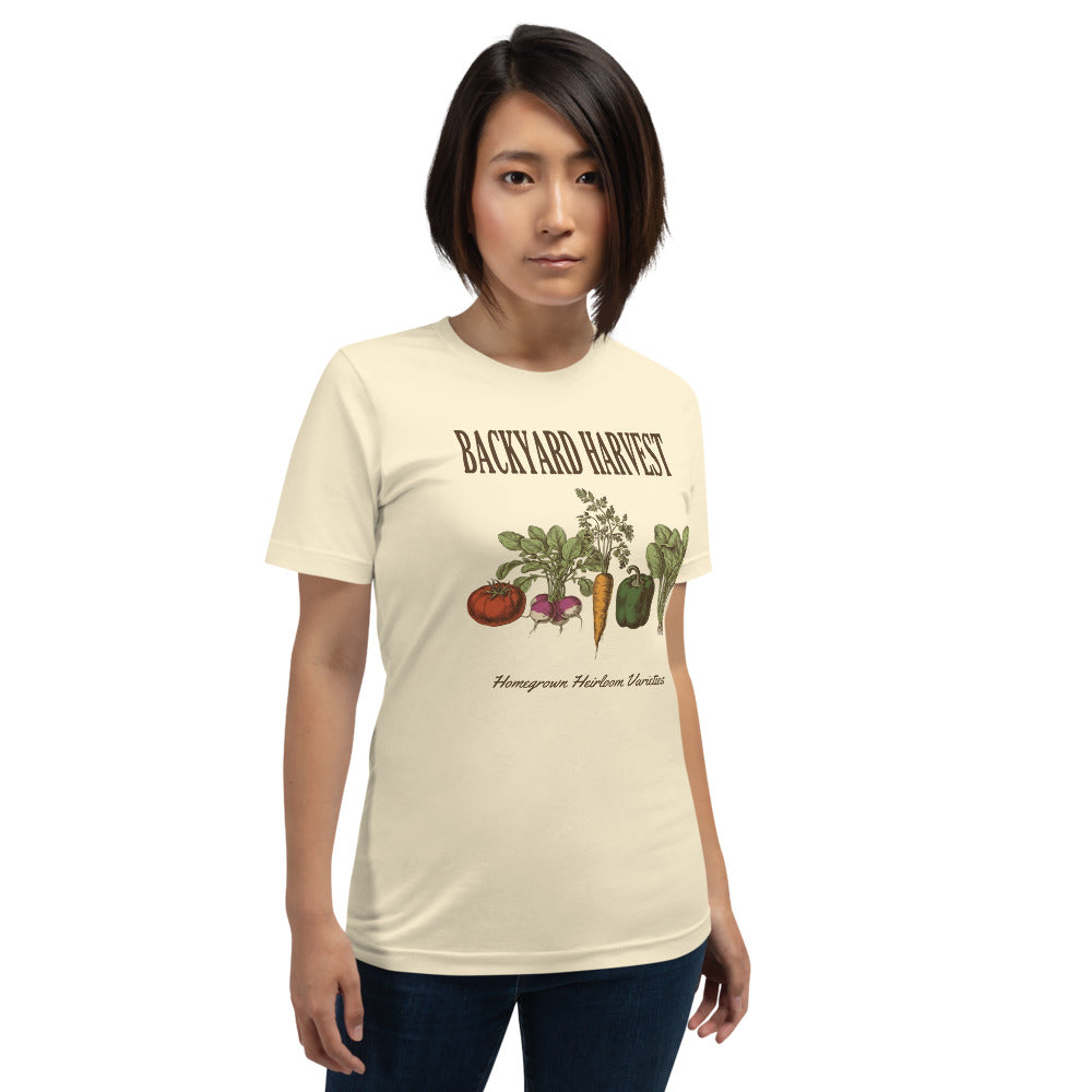 Backyard Harvest heirloom vegetable gardening tee — Natural, on model