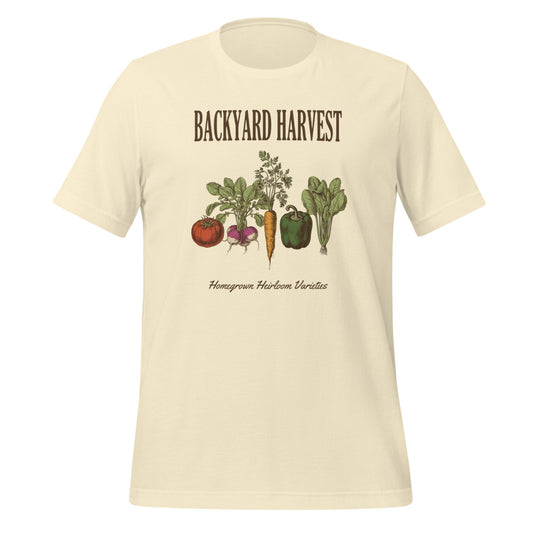 Backyard Harvest heirloom vegetable gardening tee — Natural, front