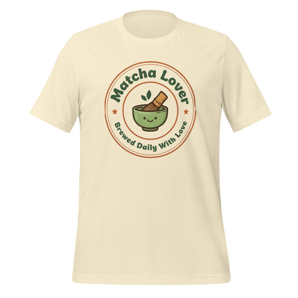 Matcha Lover retro café badge tee — Natural, front