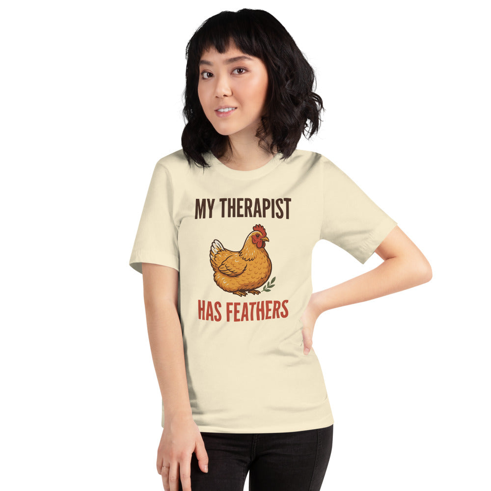 My Therapist Has Feathers funny chicken keeper tee — Natural, on model
