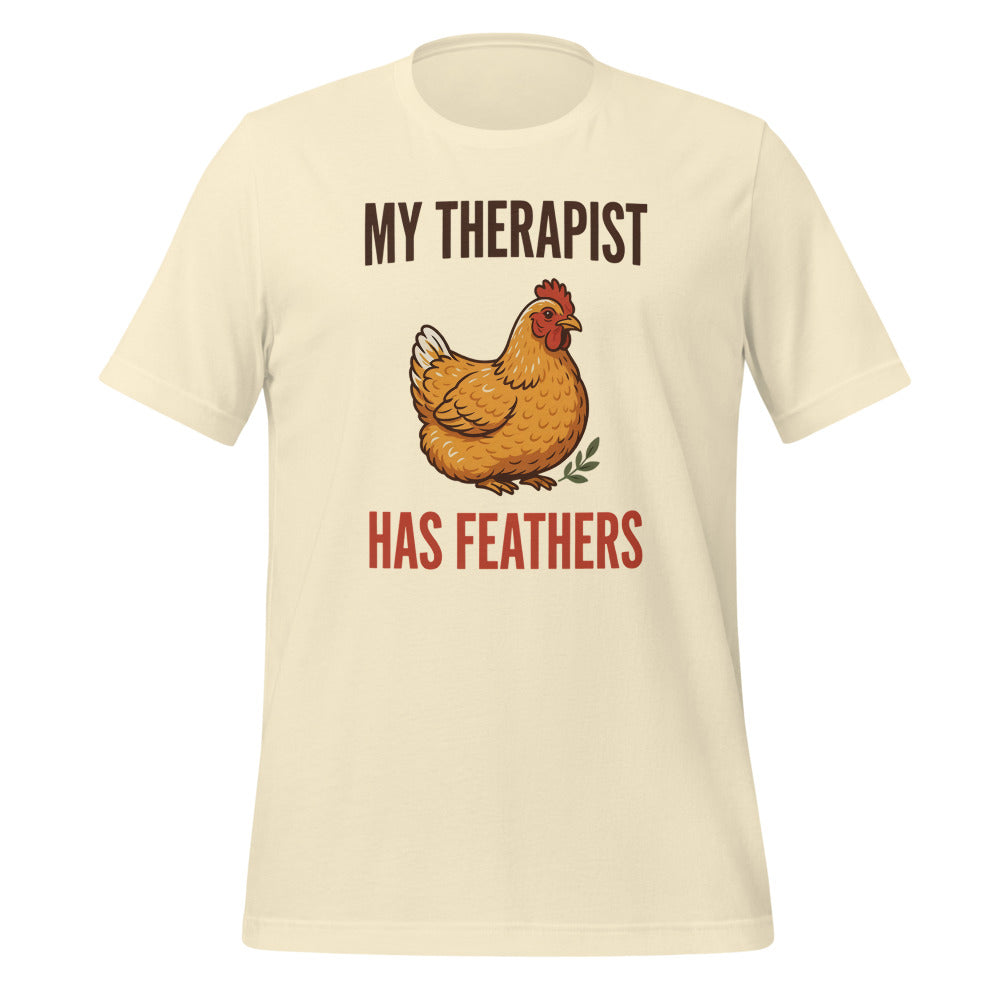 My Therapist Has Feathers funny chicken keeper tee — Natural, front