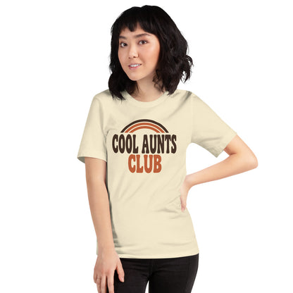 Cool Aunts Club retro groovy aunt tee — Natural, on model