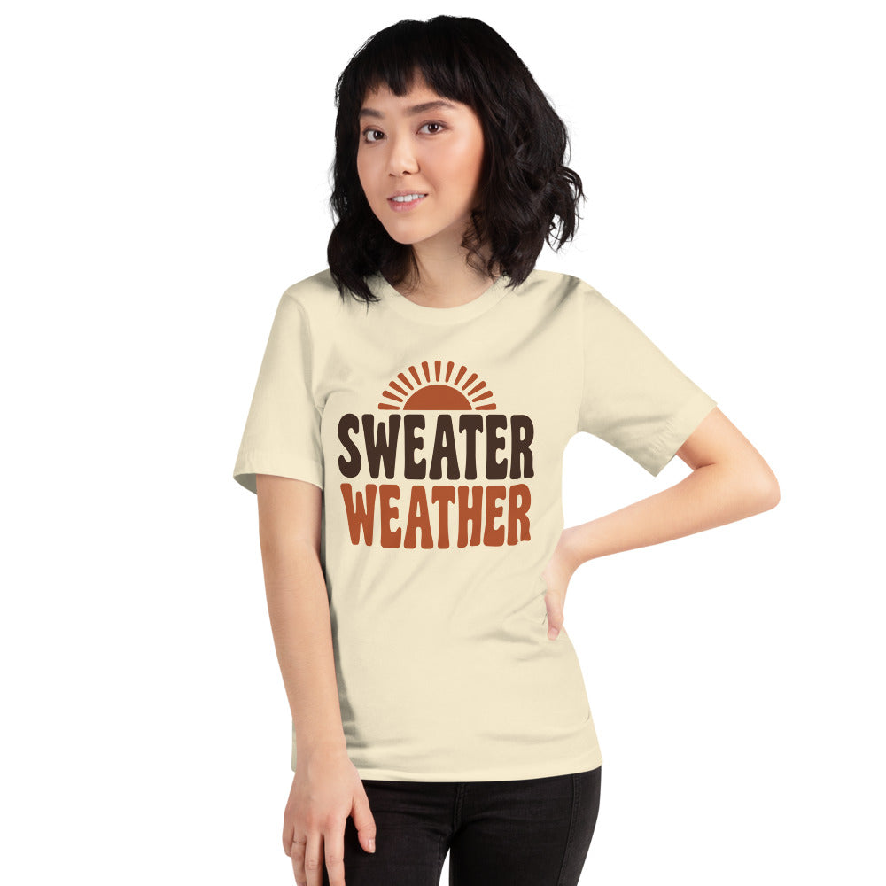 Sweater Weather retro 70s fall t-shirt — Natural, on model