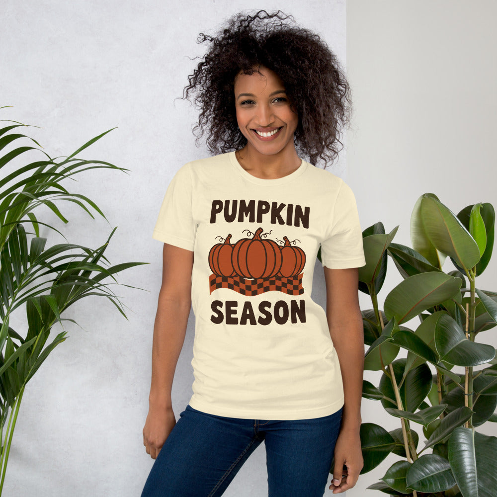 Pumpkin Season retro 70s fall t-shirt — Natural, on model