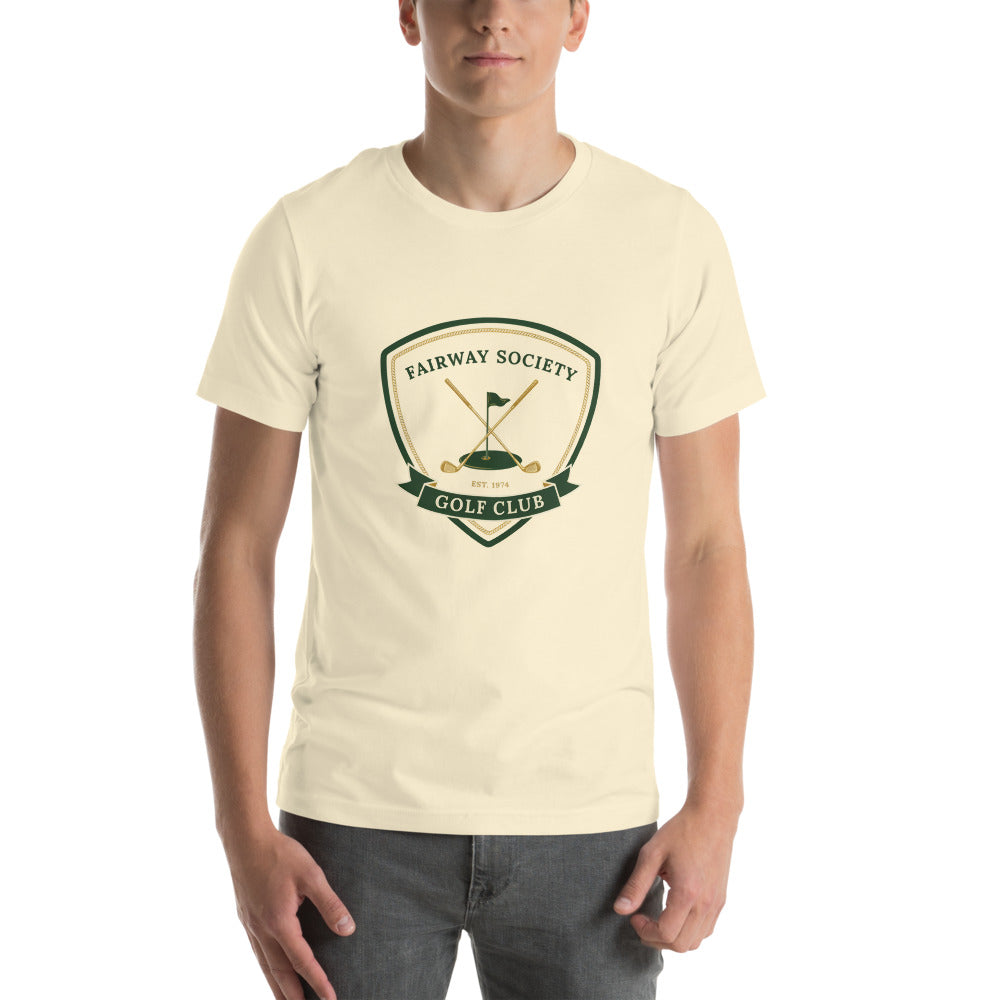 Fairway Society vintage golf club crest tee — Natural, on model