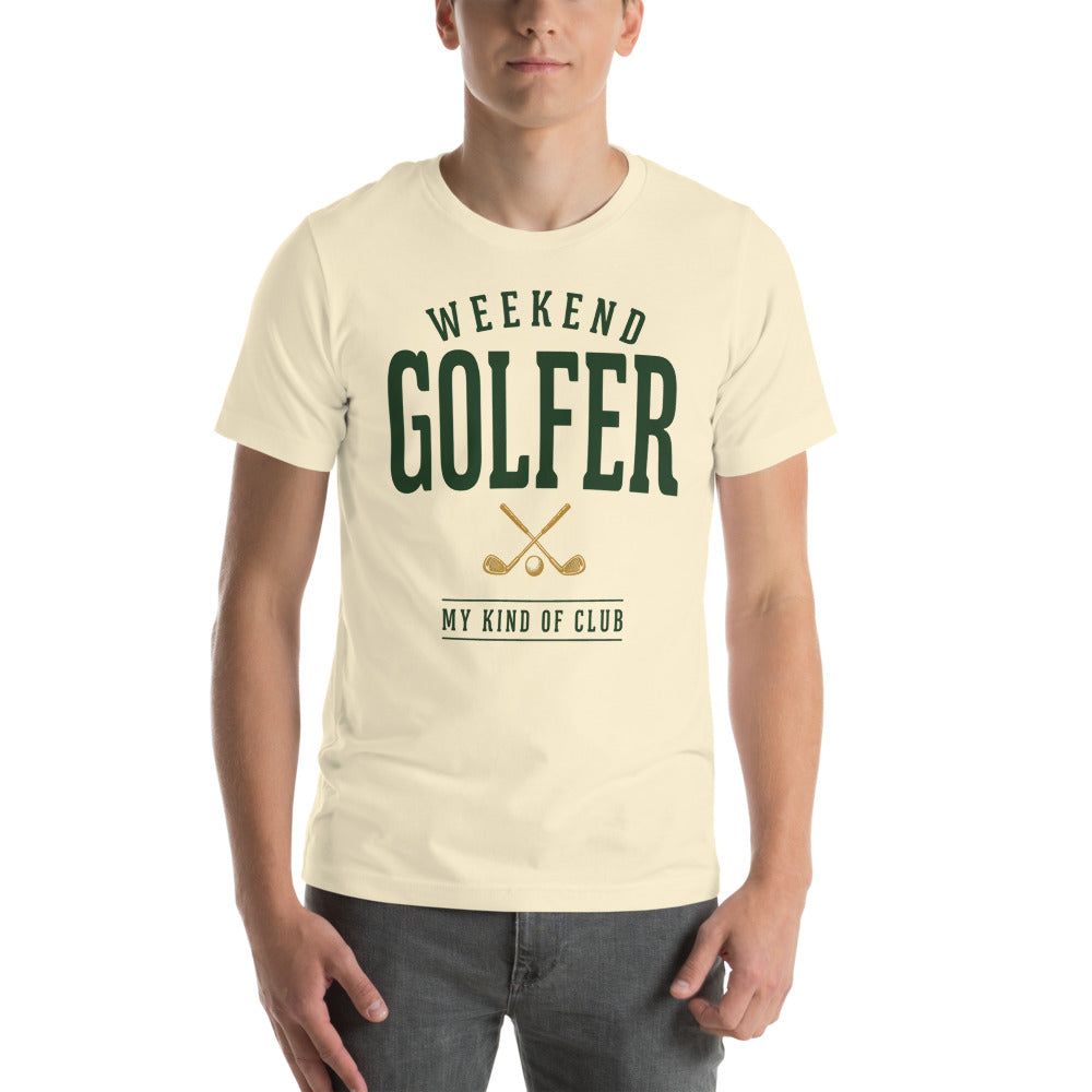 Weekend Golfer vintage golf wordmark tee — Natural, on model