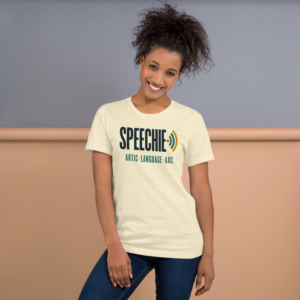 Speechie Wordmark speech therapy tee — Natural, on model