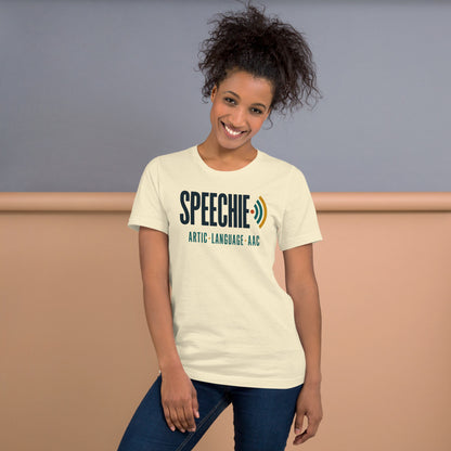 Speechie Wordmark speech therapy tee — Natural, on model