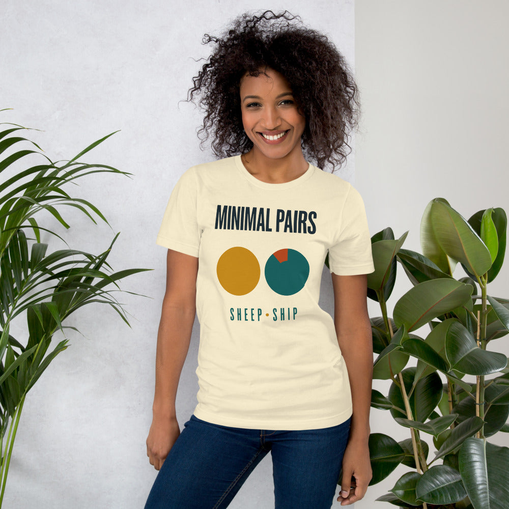 Minimal Pairs speech therapy tee — Natural, on model