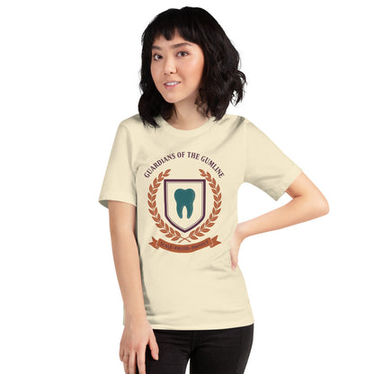 Guardians of the Gumline dental hygienist tee — Natural, on model