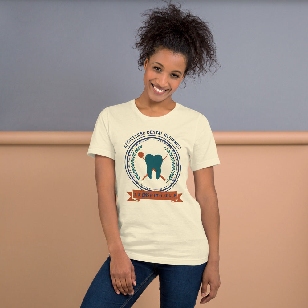 Licensed to Scale registered dental hygienist tee — Natural, on model