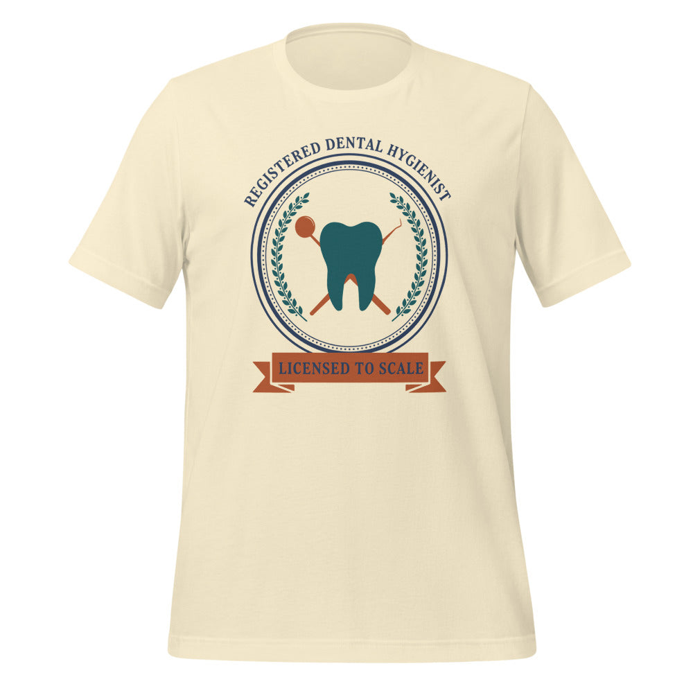 Licensed to Scale registered dental hygienist tee — Natural, front