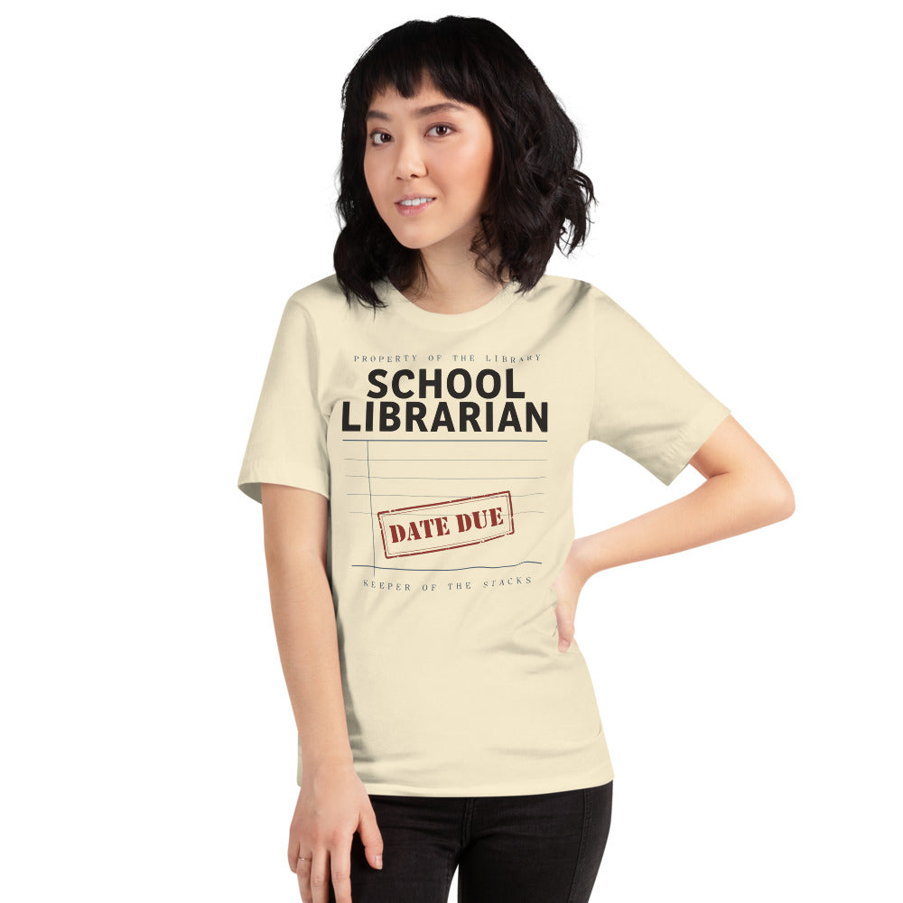 Property of the School Library card catalog school librarian tee — Natural, on model