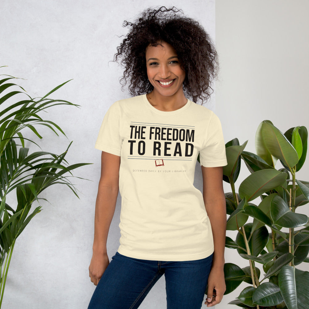 The Freedom to Read school librarian tee — Natural, on model