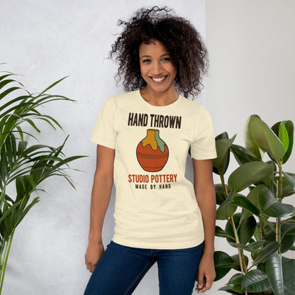 Hand Thrown Studio Pottery retro poster t-shirt — Natural, on model