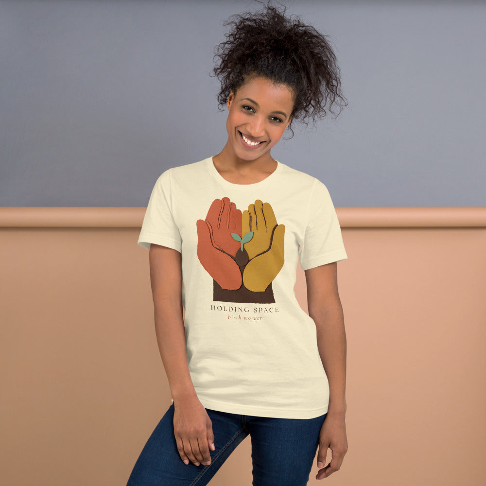 Holding Space birth worker doula t-shirt — Natural, on model