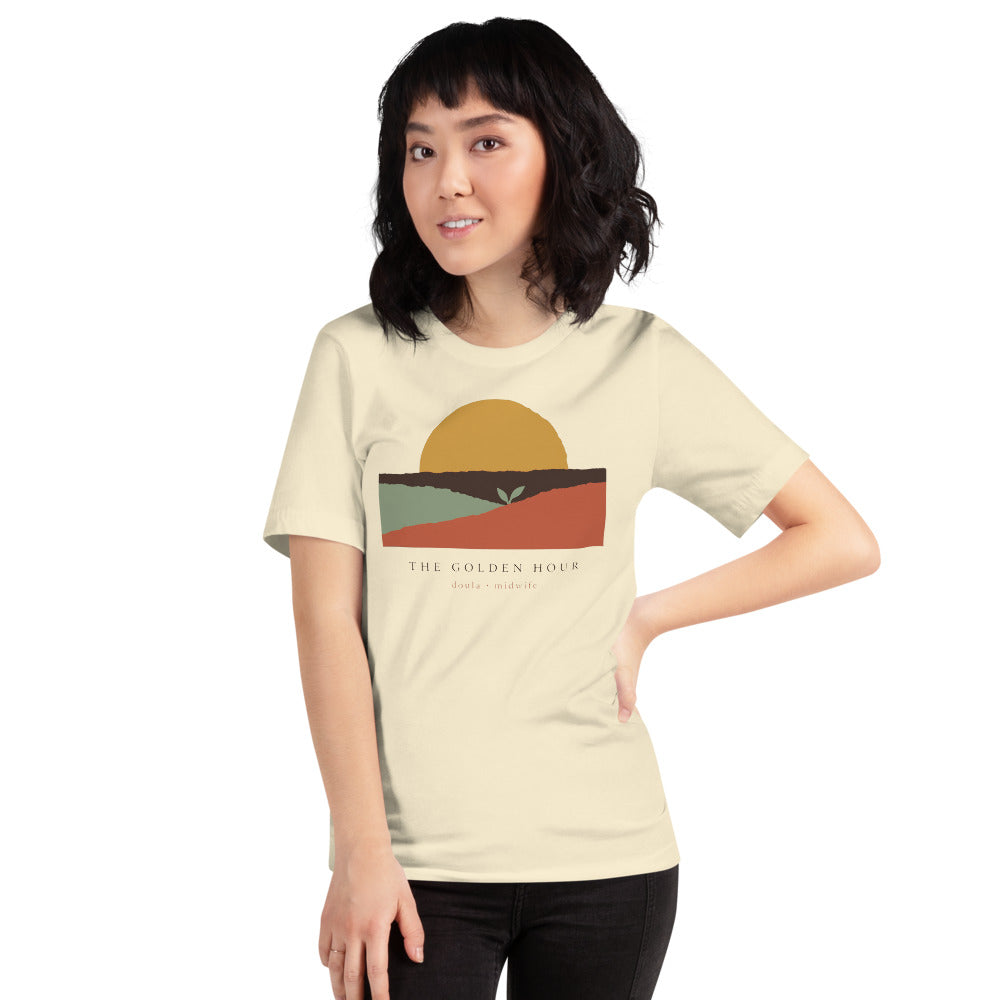 The Golden Hour birth worker doula t-shirt — Natural, on model