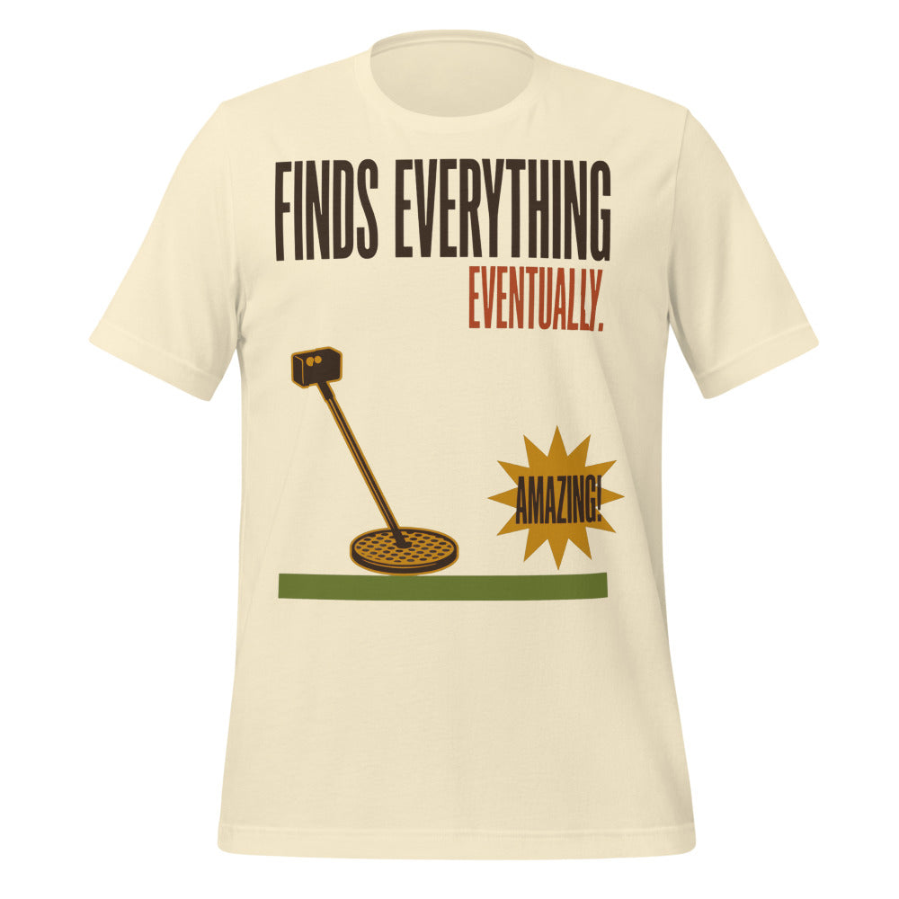 Finds Everything Eventually retro metal detecting tee — Natural, front