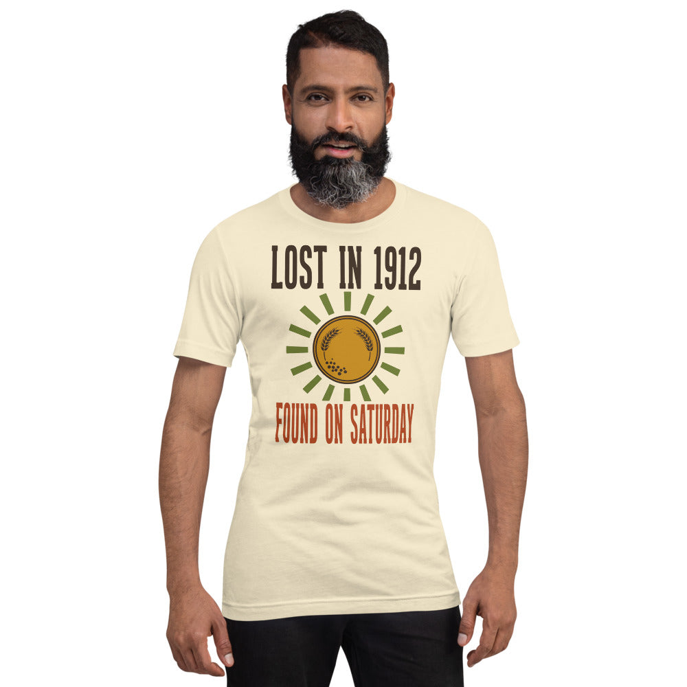 Lost in 1912 Found on Saturday retro metal detecting tee — Natural, on model