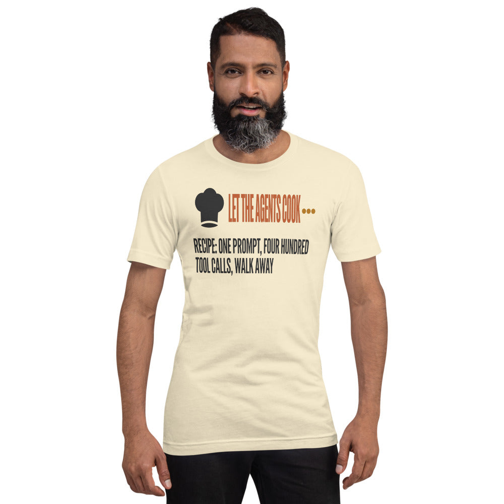 Let The Agents Cook tee — Natural, on model