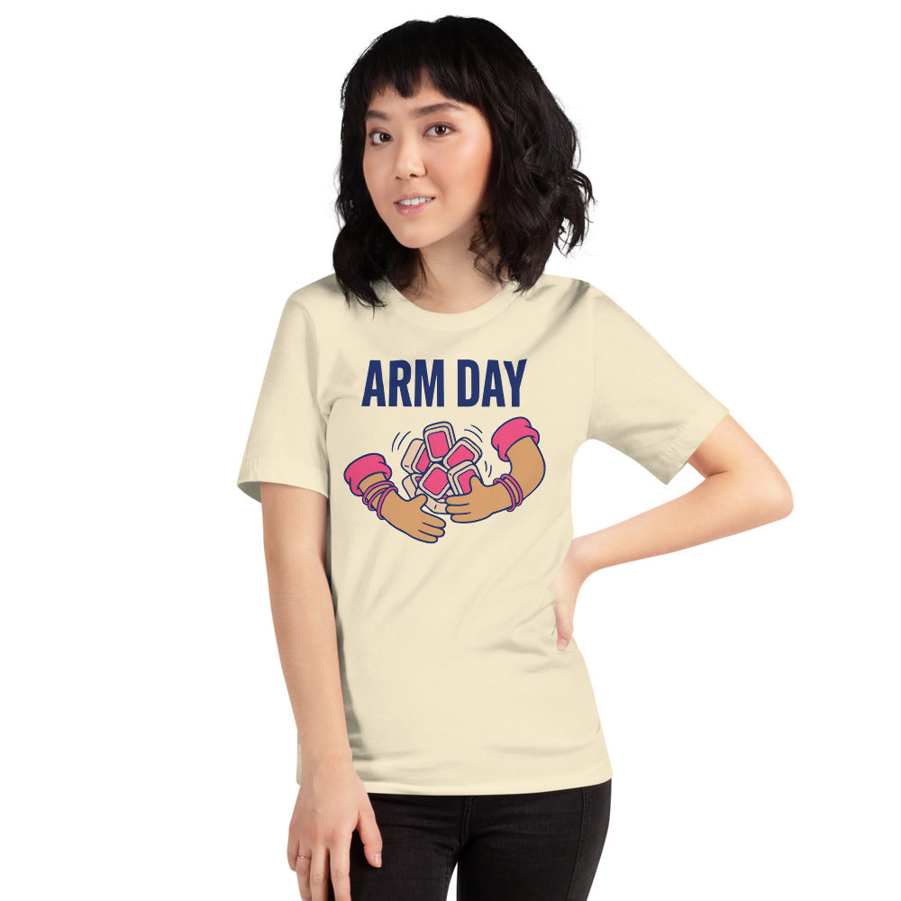 Arm Day funny mahjong tee — Natural, on model