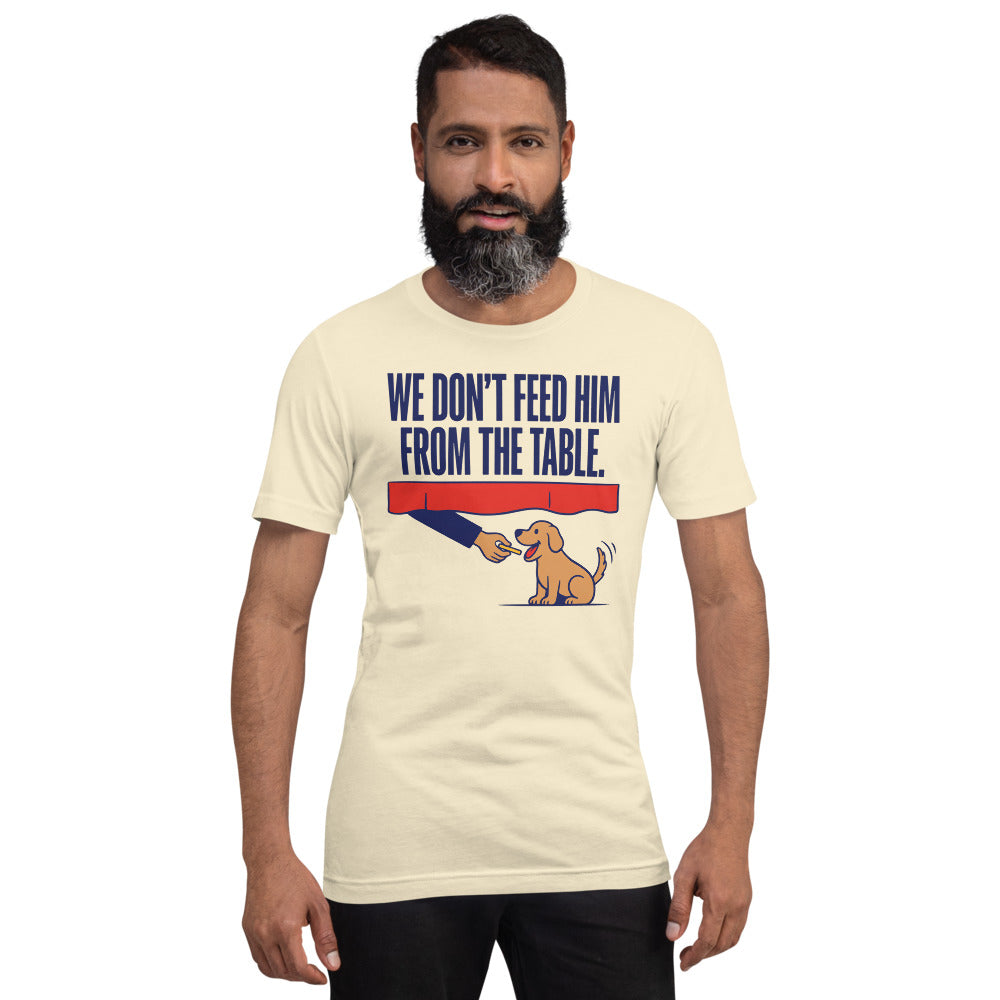From The Table funny dog dad tee — Natural, on model